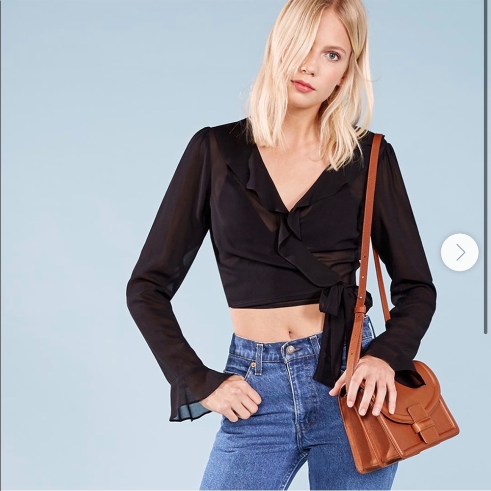 Reformation Sheer Rayon Ruffle Wrap Long Sleeve Top